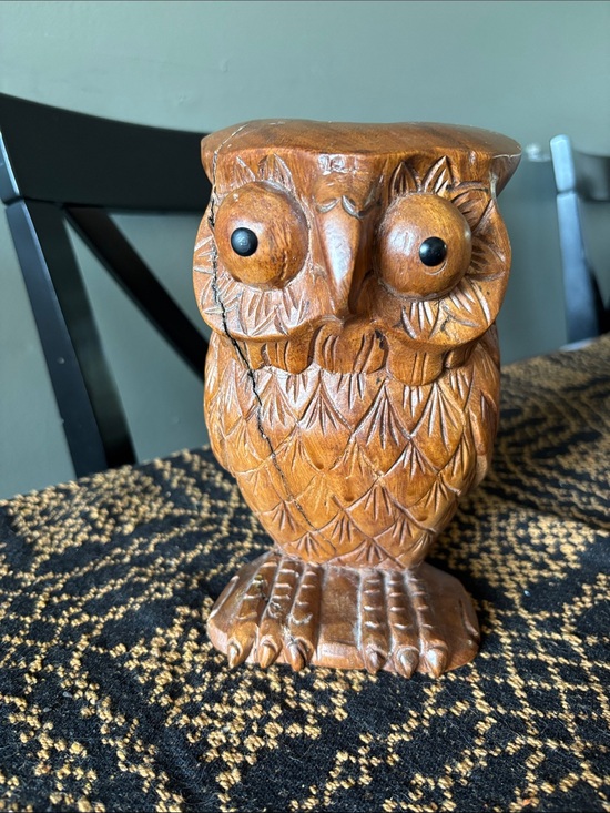 Other - Hand-Carved Solid Wood Owl Sculpture